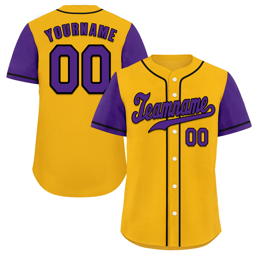 Custom Yellow Purple Raglan Sleeves Purple Authentic Baseball Jersey