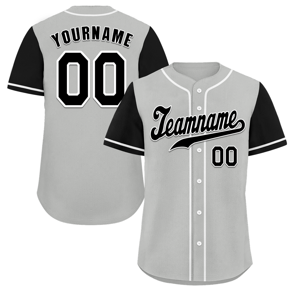 Custom Grey Black Raglan Sleeves Black Authentic Baseball Jersey