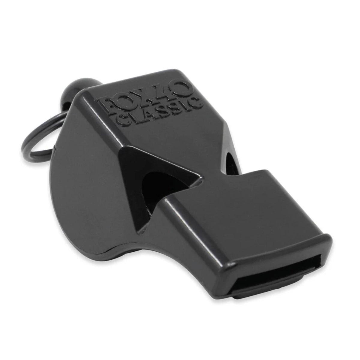 Safety whistle designed for emergency use, featuring a compact shape and key ring attachment for easy carrying.