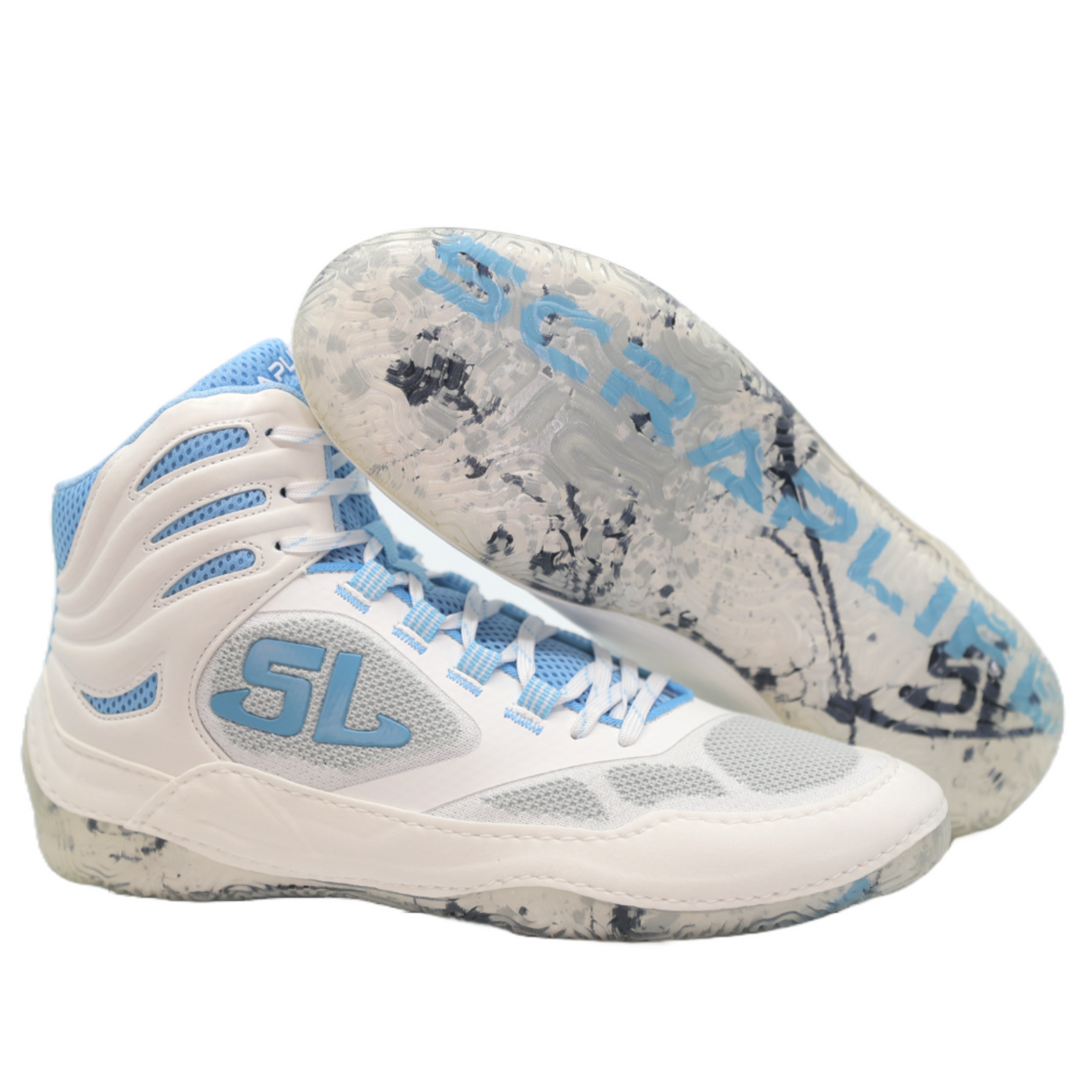 Blue and white sneakers.