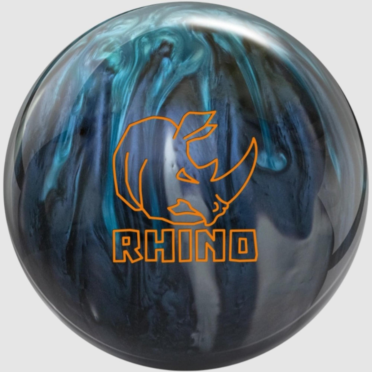Bowling ball with a glossy finish featuring a swirling pattern and rhino logo, designed for reliable performance and controlled hook potential.