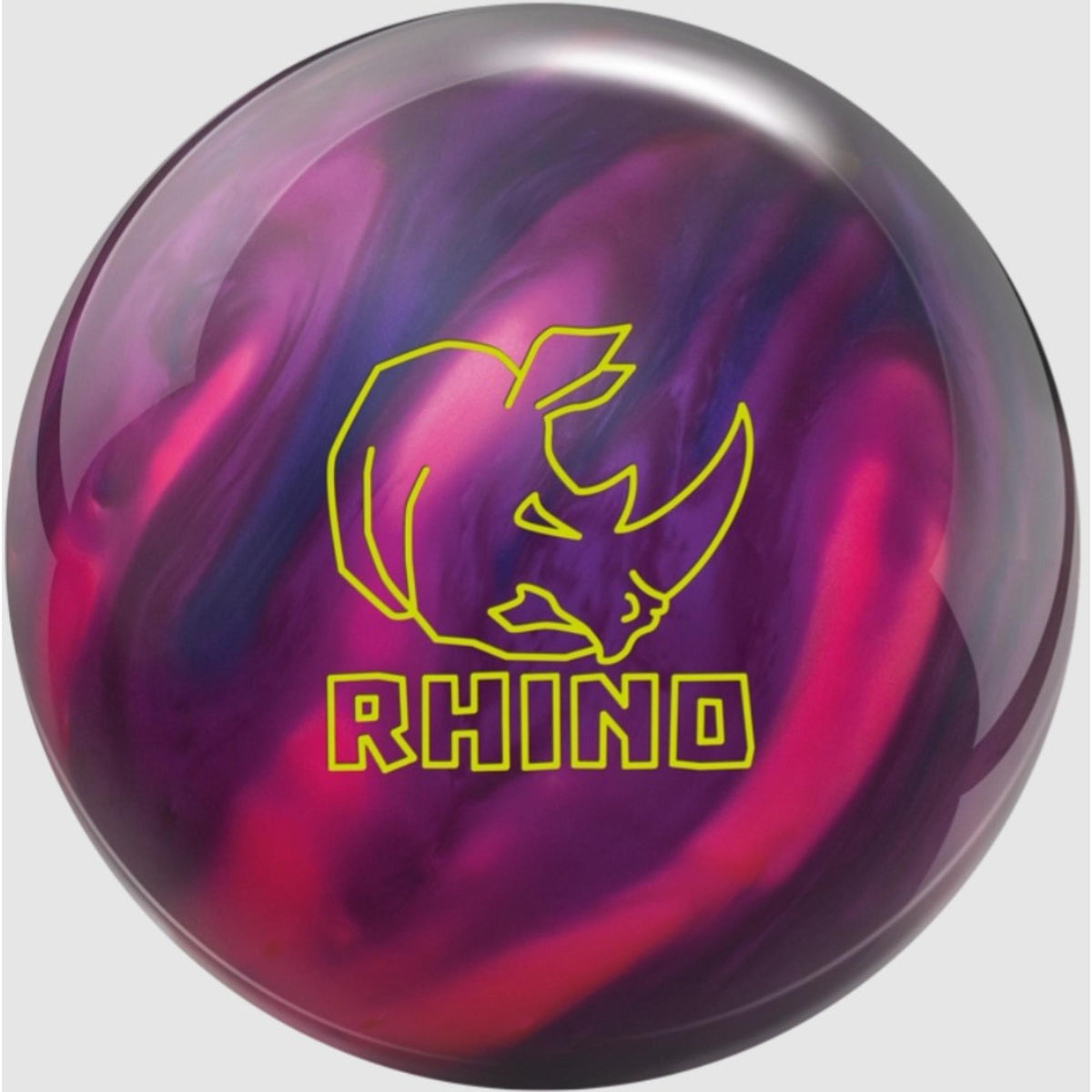 Bowling ball with a glossy finish featuring a swirling pattern and rhino logo, designed for consistent performance and controlled hook on the lanes.