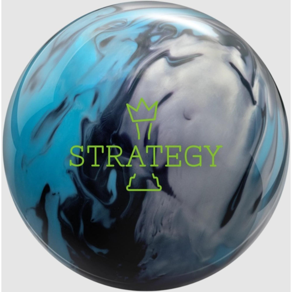 Bowling ball with a glossy finish featuring a marbled swirl design and Strategy logo, built for strong performance and controlled lane reaction.