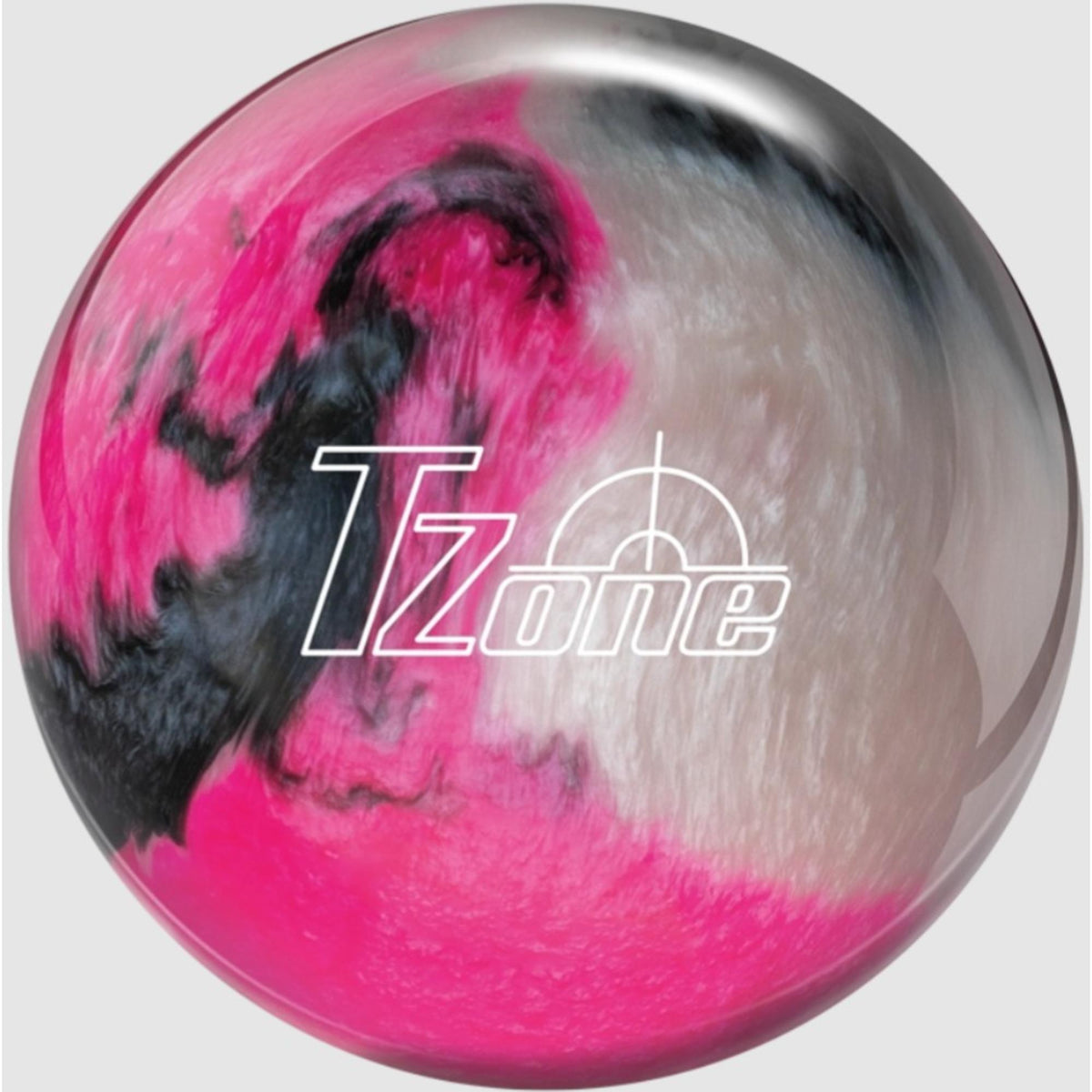 Bowling ball with a glossy finish featuring a swirling pattern and brand logo, designed for recreational and beginner-friendly performance.