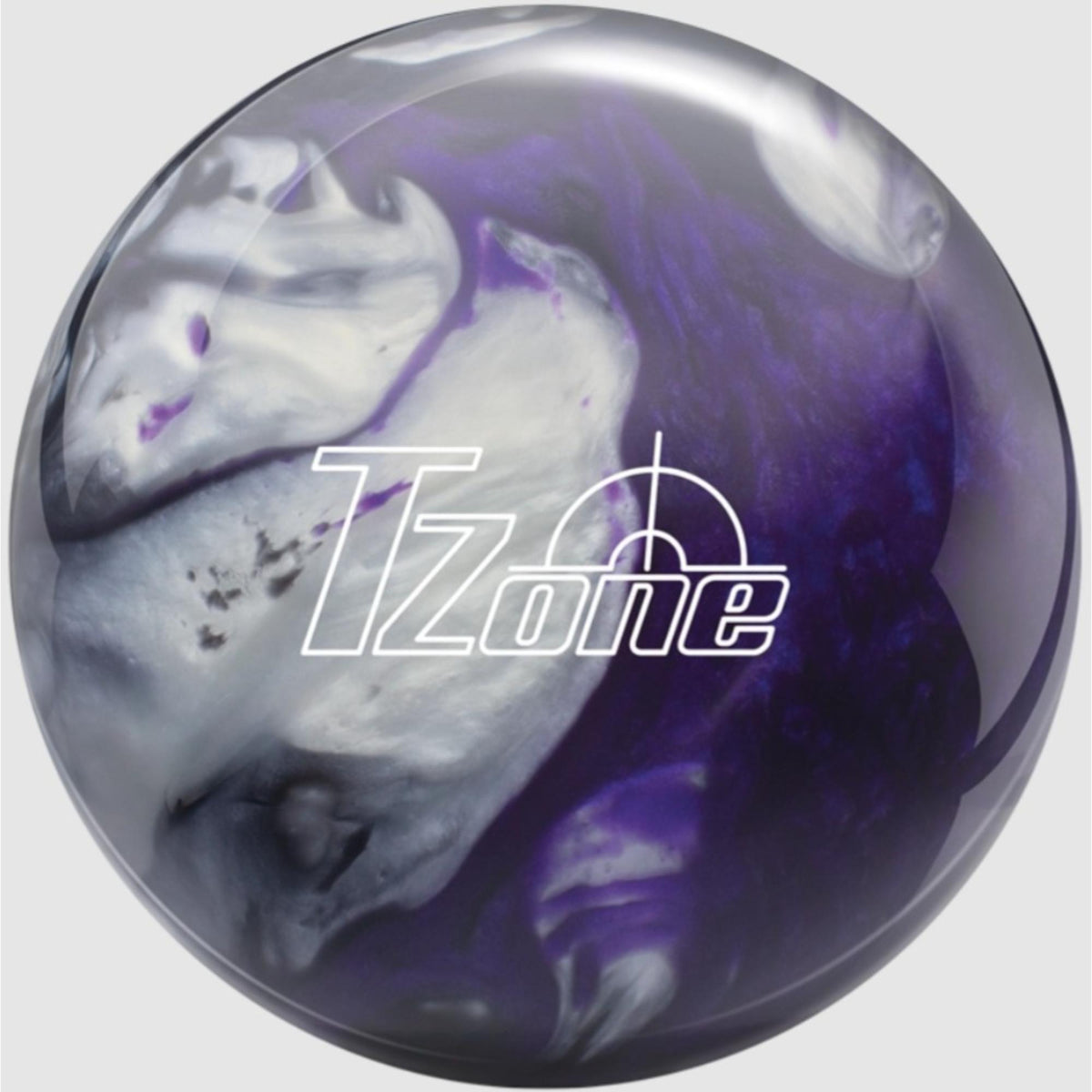 Bowling ball with a glossy finish featuring a swirling multi-tone pattern and brand logo, designed for recreational and beginner-friendly use.