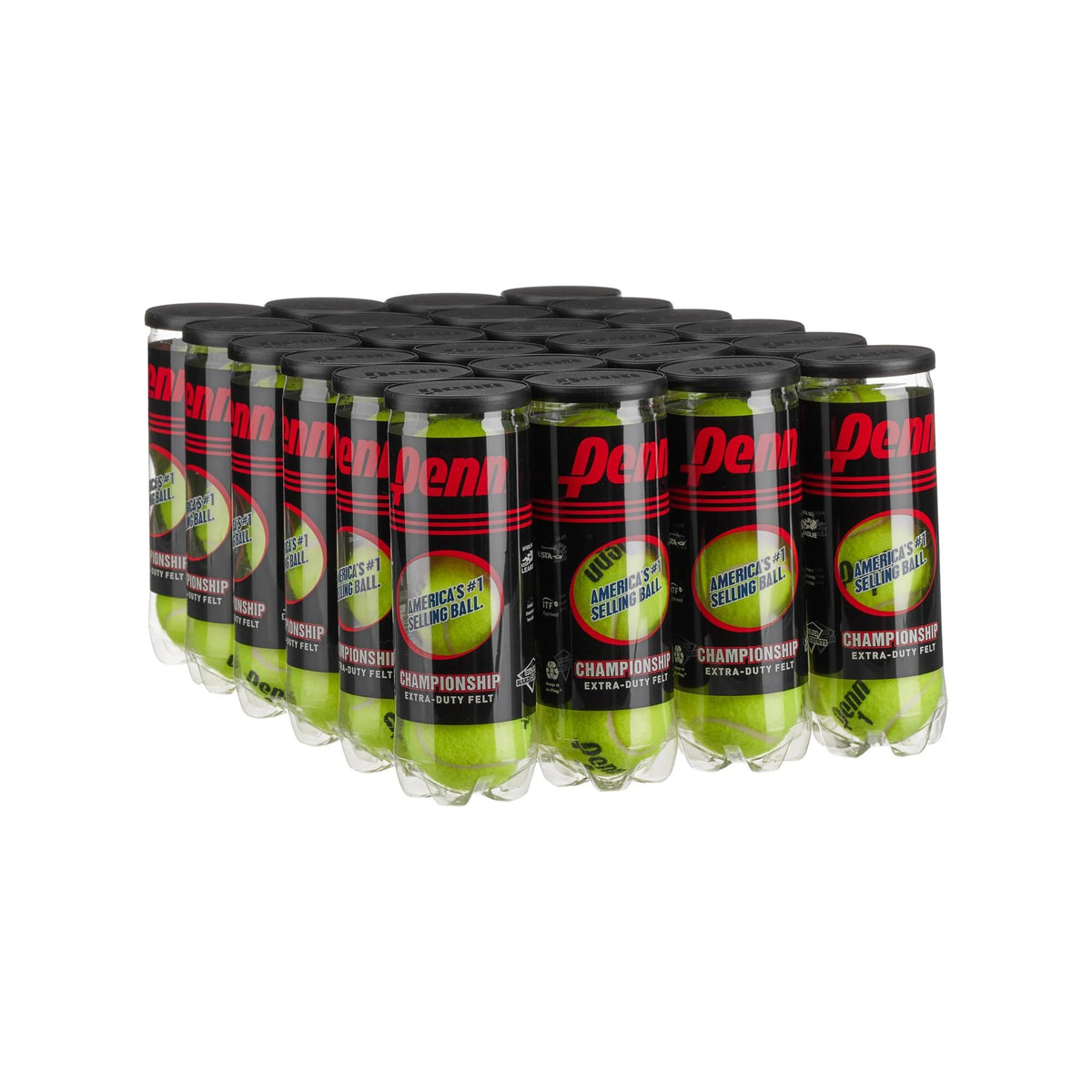 Case of tennis balls in multiple cans with labeled packaging and sealed lids.