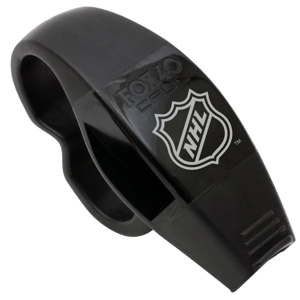 Fingergrip whistle with molded handle for secure grip, designed for hands-free use during sports or officiating.
