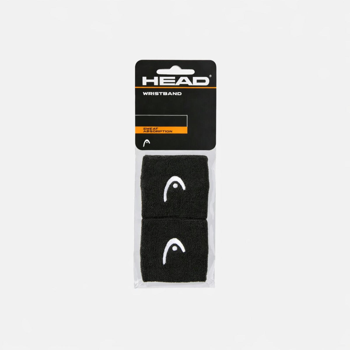 Packaged HEAD black wristbands with white logo, labeled “Wristband” and “Sweat Absorption,” shown on a white background.