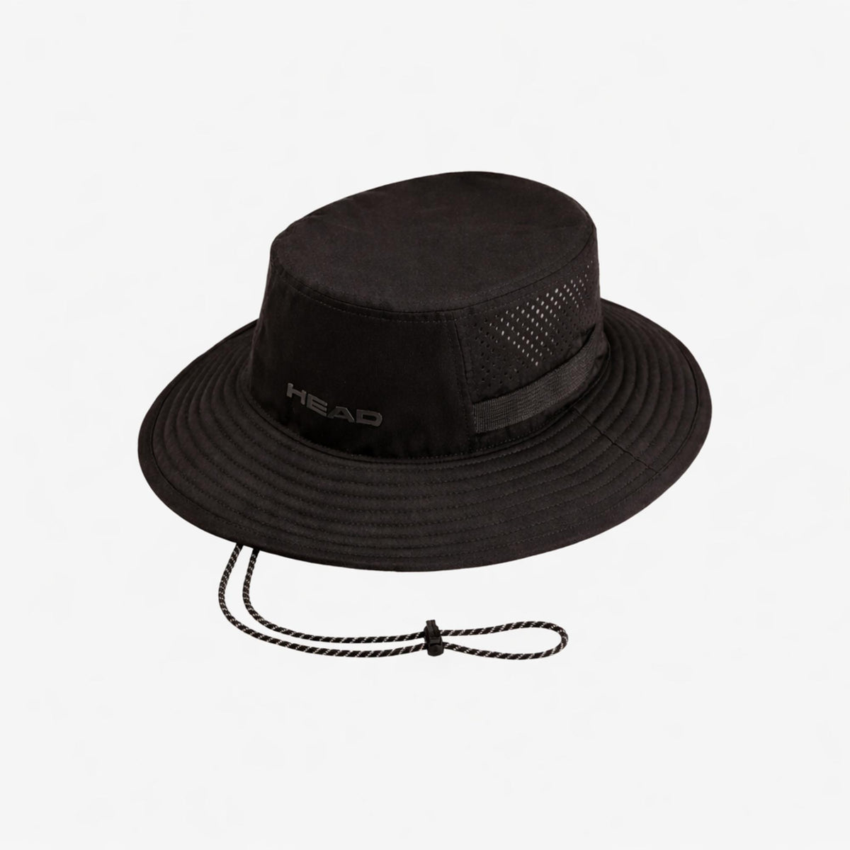 HEAD black boonie hat with mesh side panels, adjustable chin cord, and “HEAD” logo on the front.