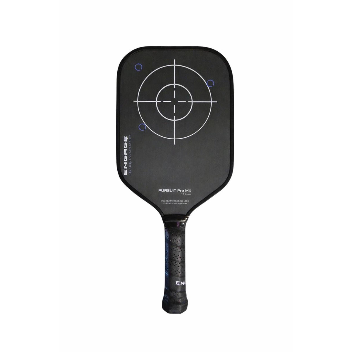 Engage Pursuit Pro MX pickleball paddle with raw carbon fiber face, black surface, blue target graphics, and black perforated grip on white background