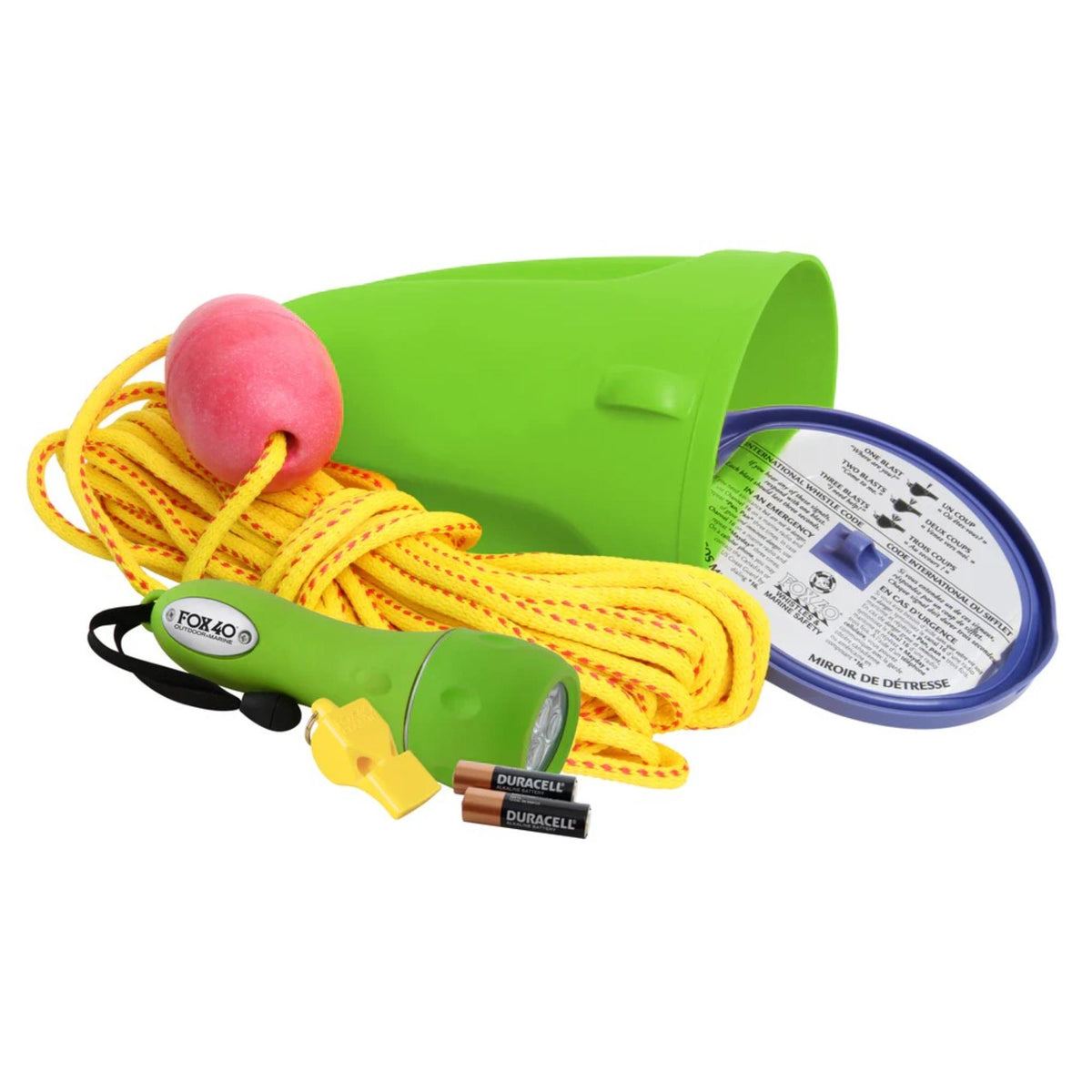 Boat safety kit including whistle, rope with float, flashlight, batteries, and storage container for marine emergency use.