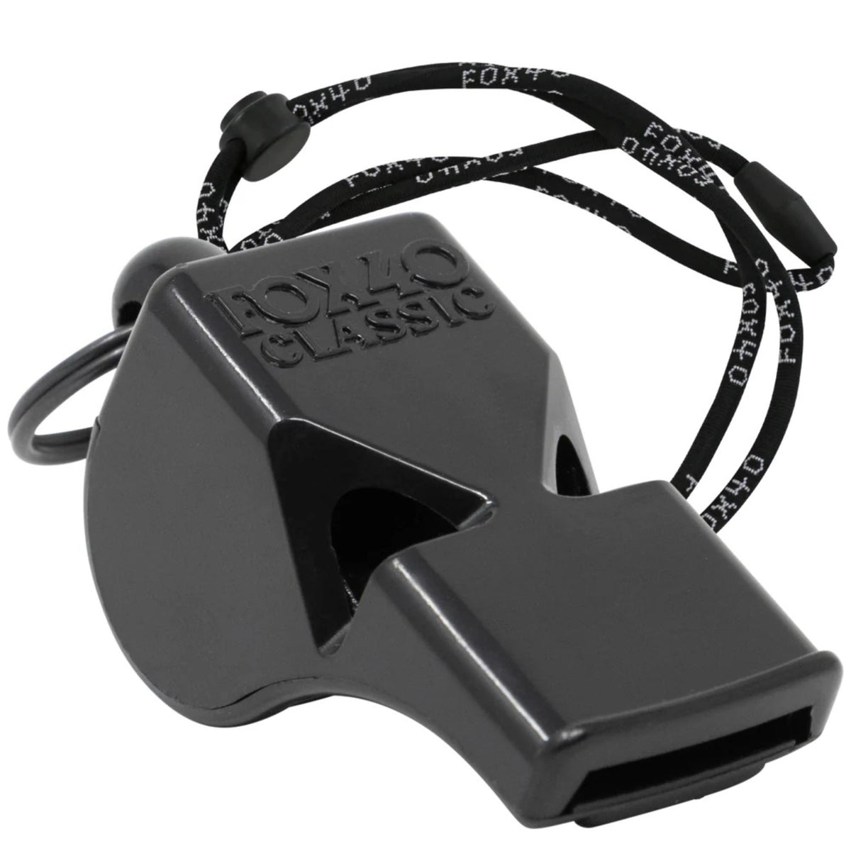 Safety whistle with attached lanyard and breakaway connector, designed for easy wearing and quick access during emergency situations.
