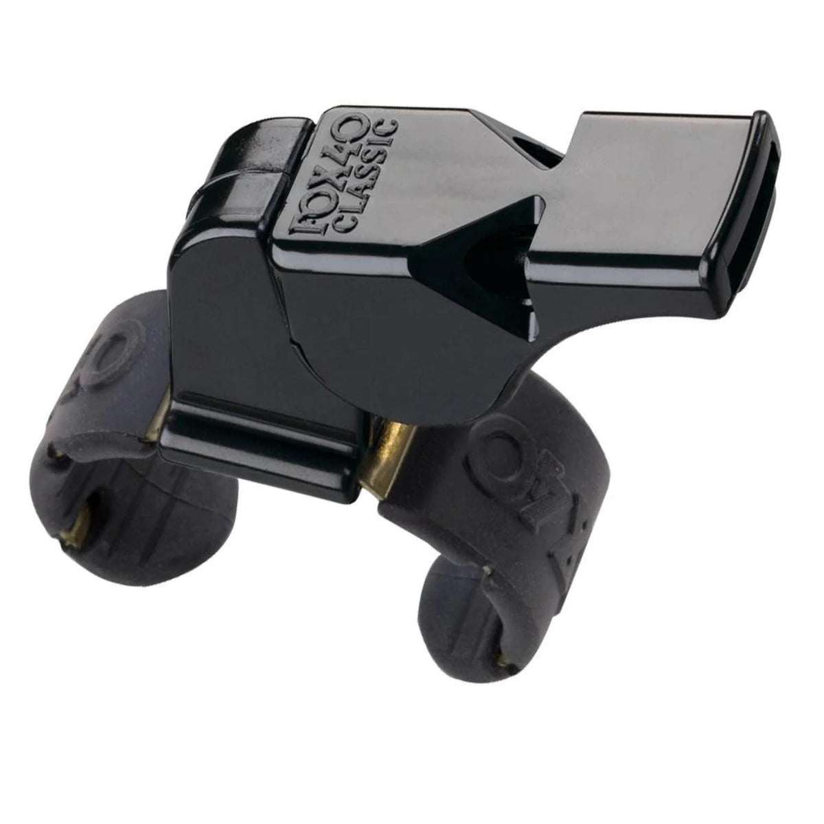 Safety whistle with integrated fingergrip design for secure hold and easy use, suitable for sports officiating or emergency signaling.