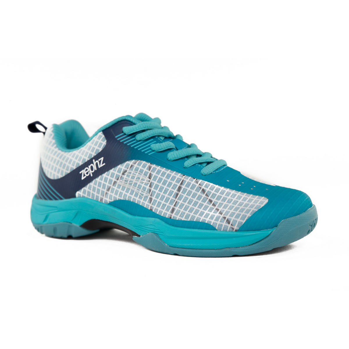Blue and white athletic shoe with 'zephix' branding on a white background