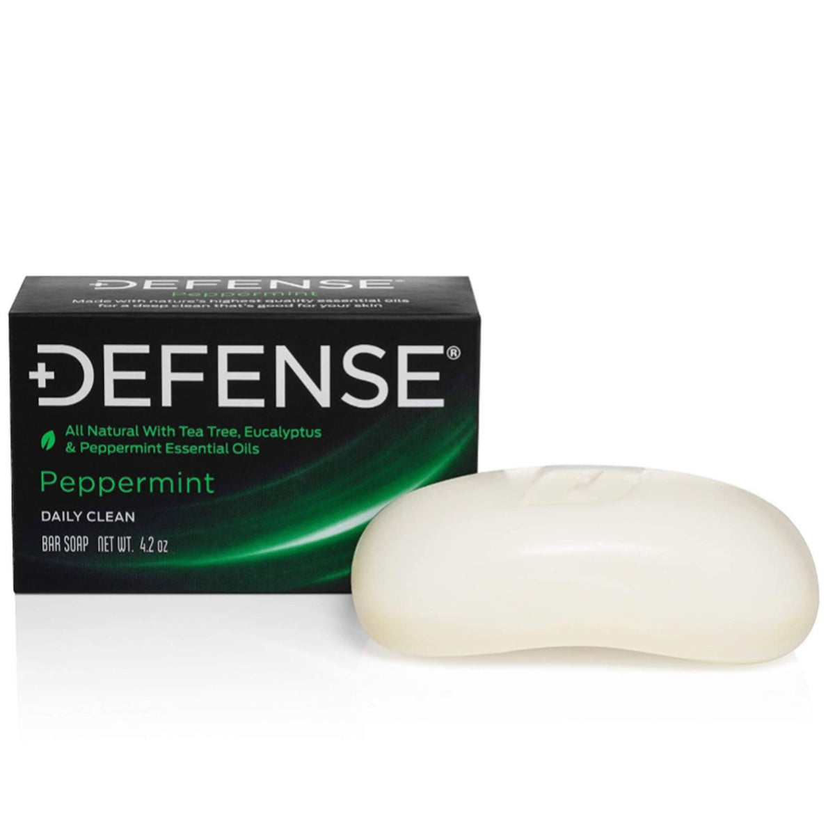Defense peppermint soap bar with packaging on a white background