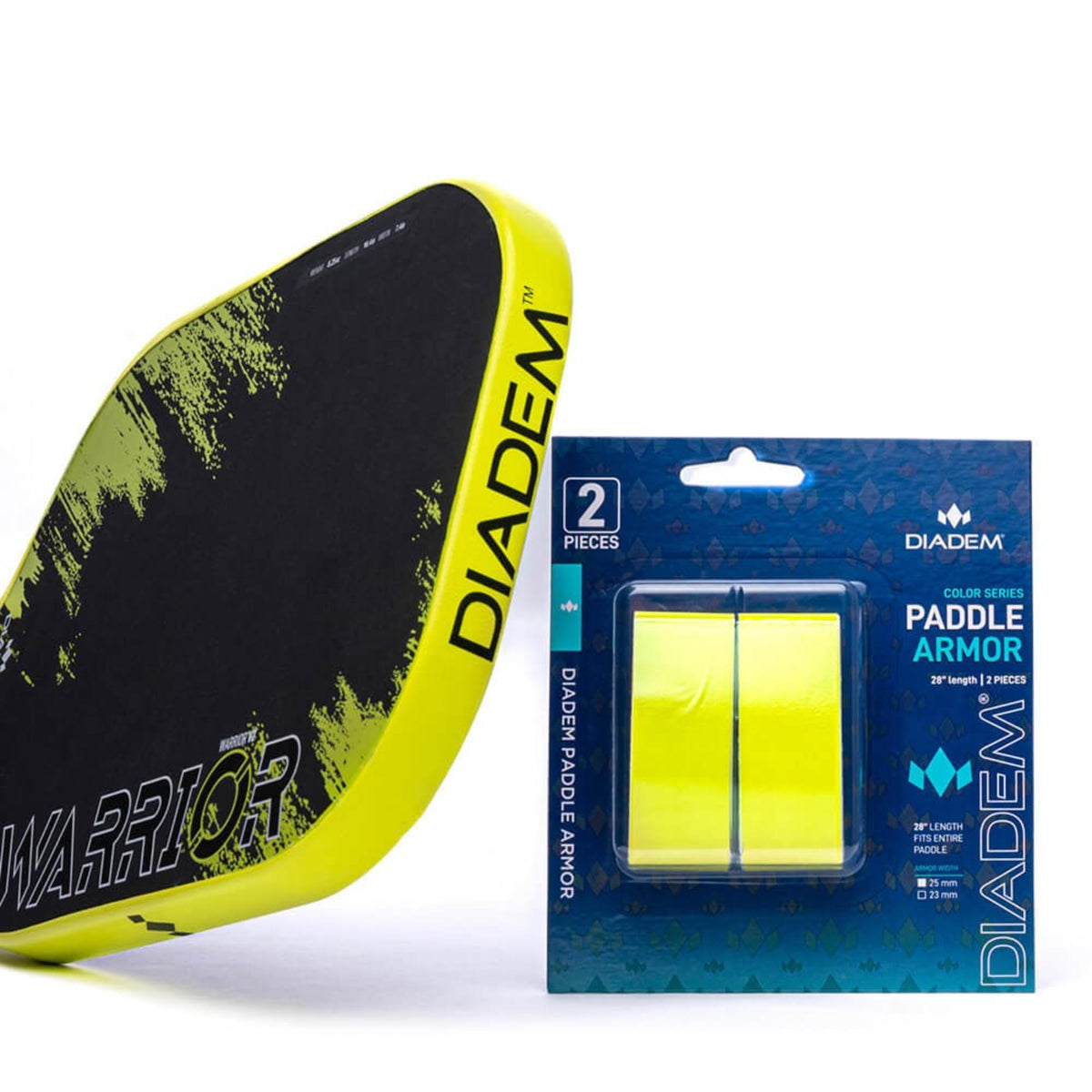 Diadem Paddle Armor tape set with two protective strips for paddle edge protection, shown in retail packaging alongside a paddle edge example.