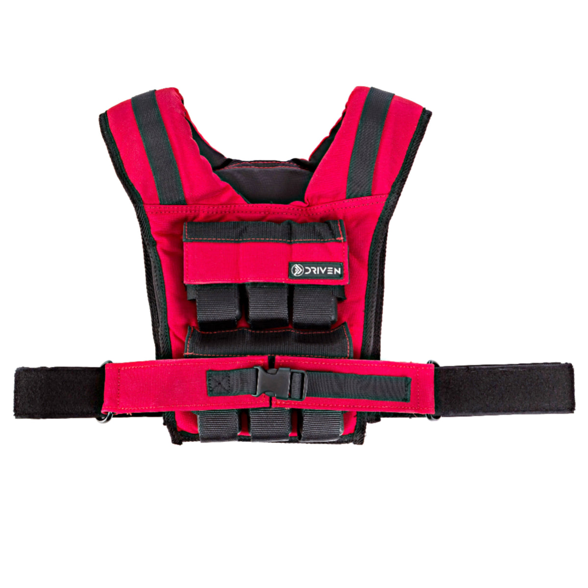 Red and black weighted vest on a white background
