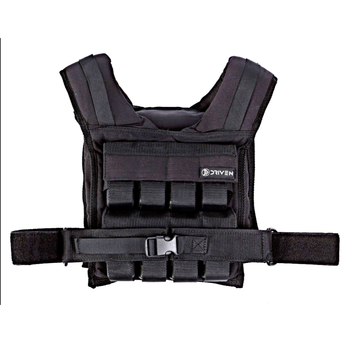Black weighted vest with a visible brand logo on a white background