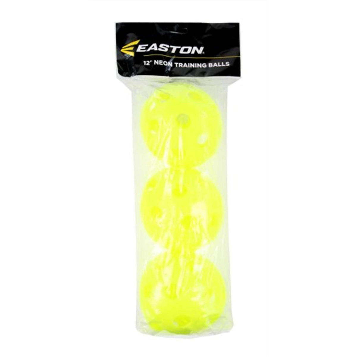 Easton 12-inch neon yellow plastic training balls in a 3-pack, designed for baseball and softball practice, packaged in a clear retail bag.