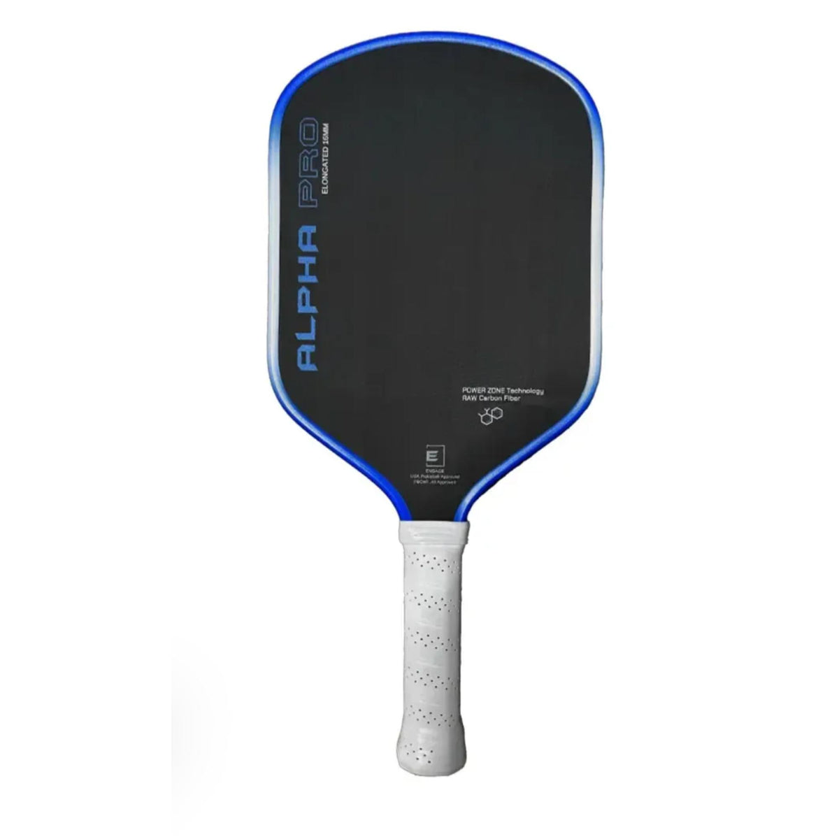 Engage Alpha Pro pickleball paddle shown front-facing on a white background, featuring a matte black face with a bright blue edge guard. Vertical “ALPHA PRO” branding in blue appears along the left side, with small white technical markings on the lower right of the face. The paddle has a white perforated handle grip and a clean, modern performance-focused design.