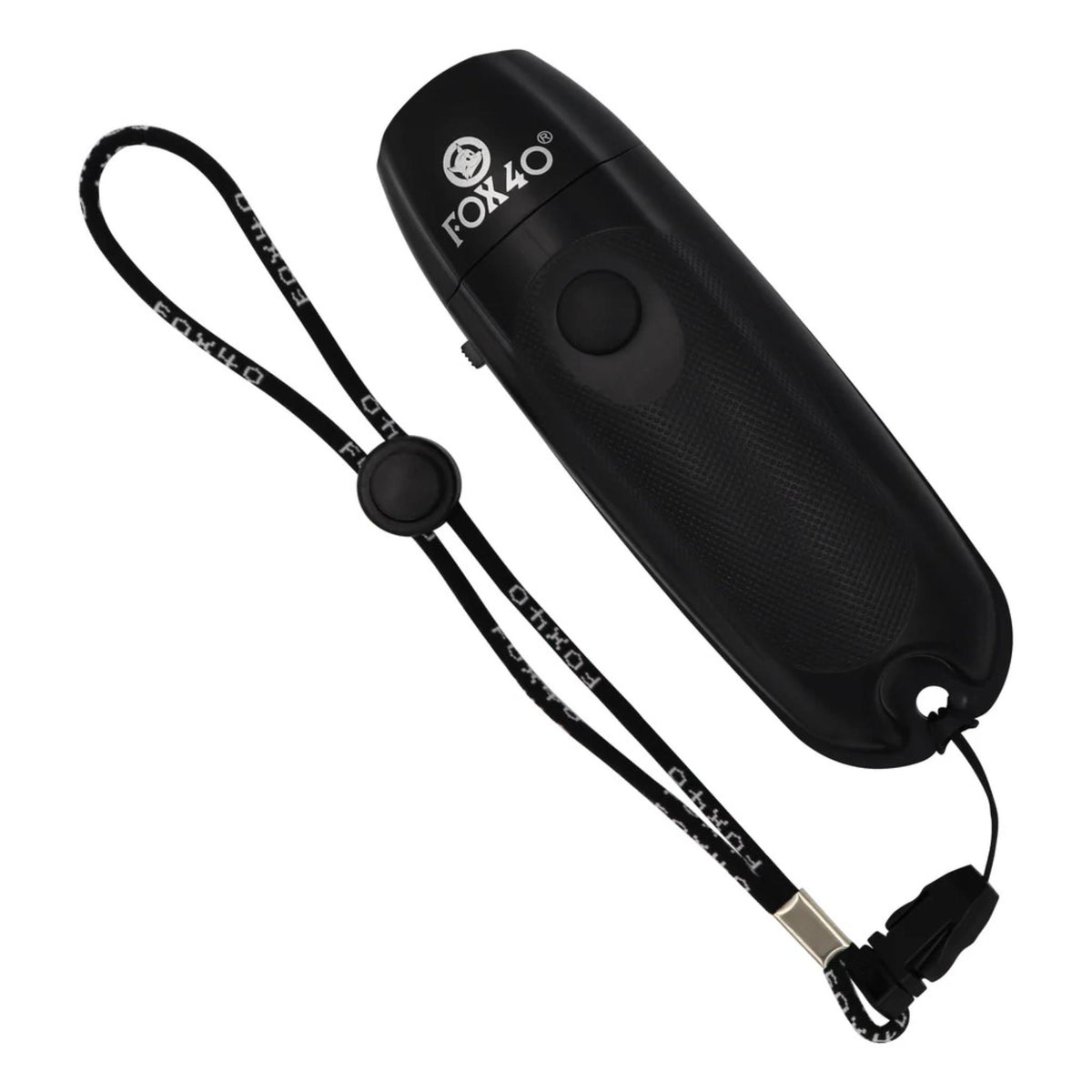 Electronic whistle device with push-button activation and attached lanyard, designed to produce multiple tones for sports or safety signaling.