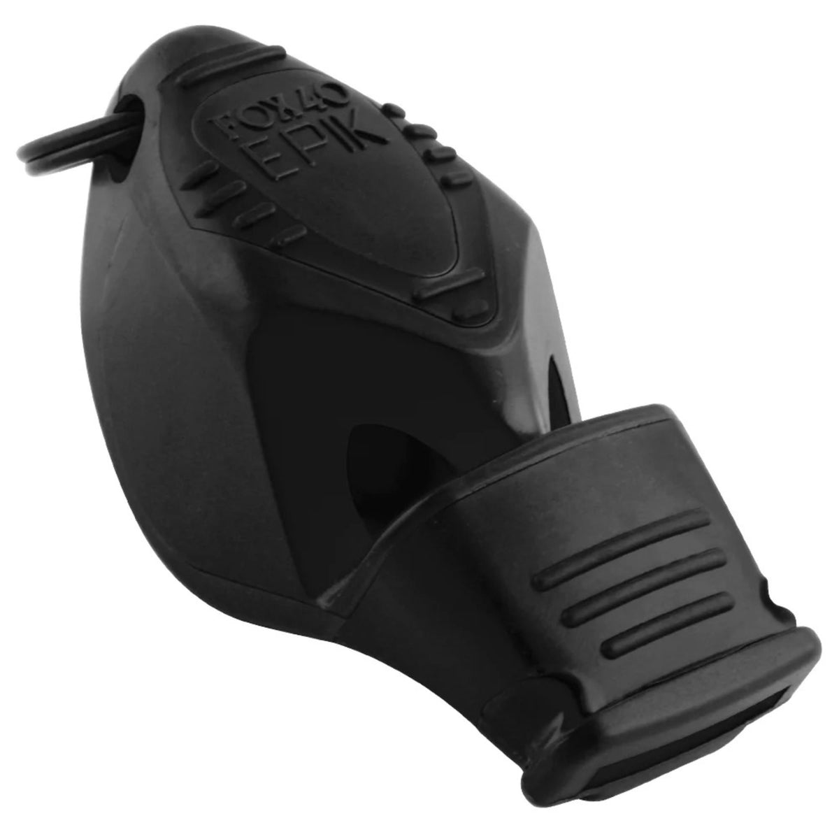 Handheld safety whistle with ergonomic grip, finger attachment loop, and cushioned mouthpiece designed for loud, reliable signaling.