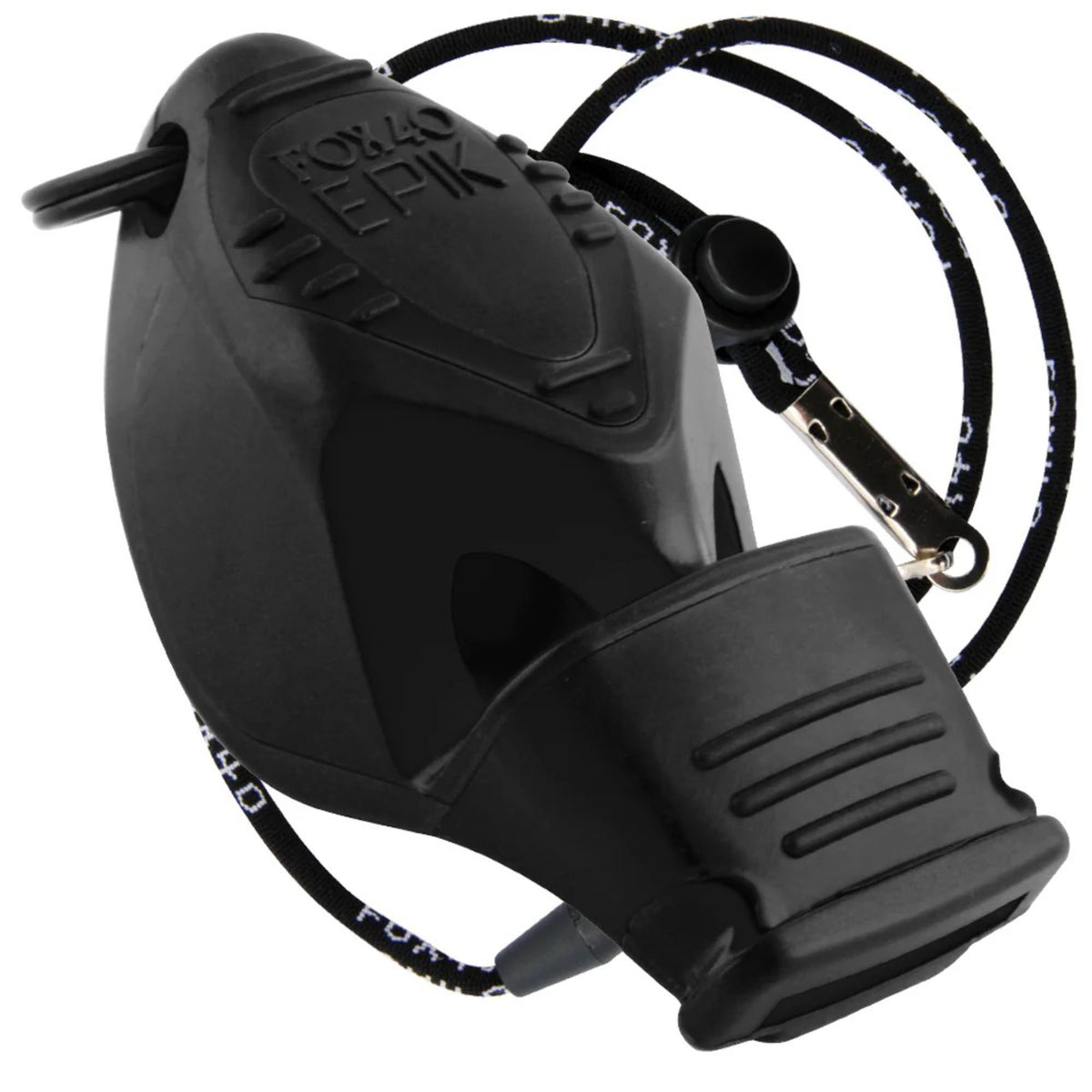 Ergonomic safety whistle with cushioned mouth grip and attached breakaway lanyard for hands-free use, designed for sports officiating or emergency signaling.