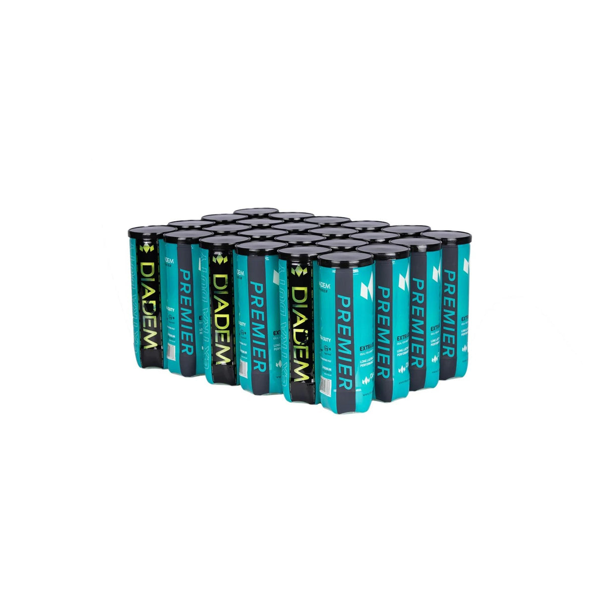 Diadem Premier Extra Duty tennis balls case featuring multiple canisters arranged together in bulk packaging.