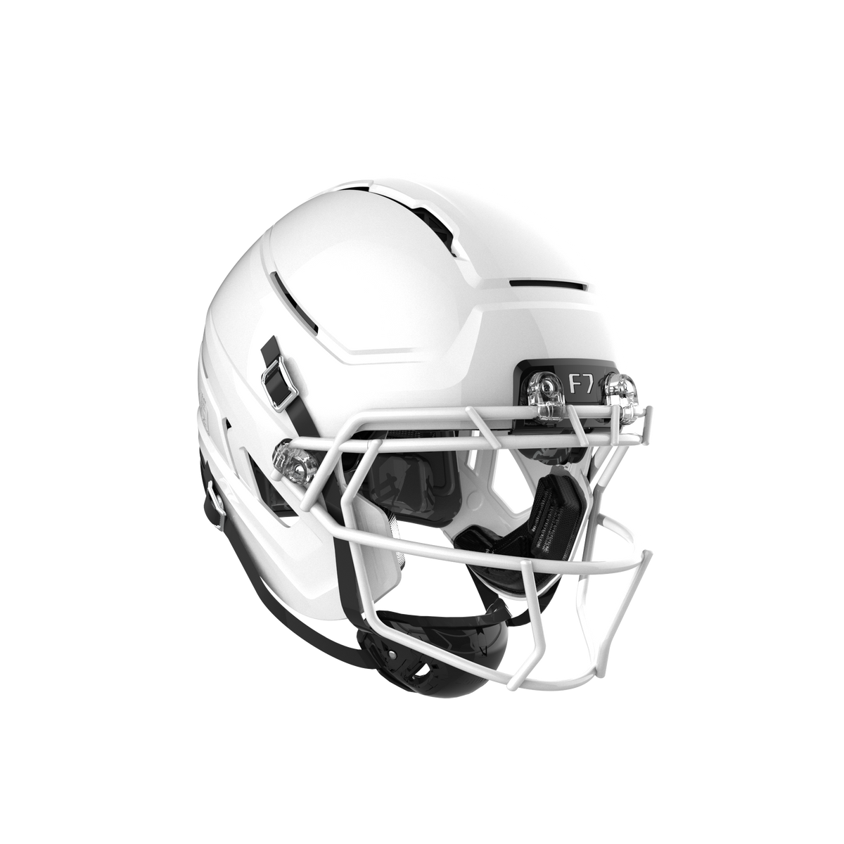 SCHUTT F7 AiR football helmet in gloss white with white facemask and black interior padding, displayed on a black background.