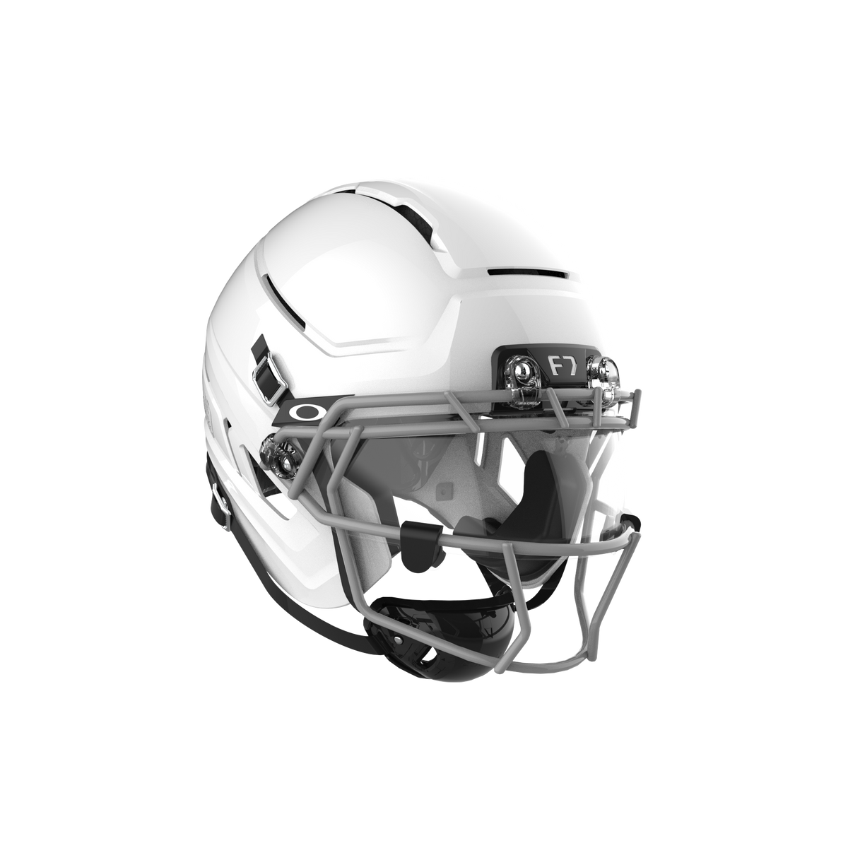 SCHUTT F7 AiR Youth Elite football helmet in gloss white with gray facemask, clear visor, and black interior padding, displayed on a black background.