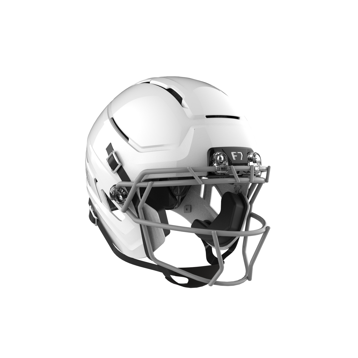SCHUTT F7 AiR Youth football helmet in gloss white with gray facemask and black interior padding, displayed on a black background.