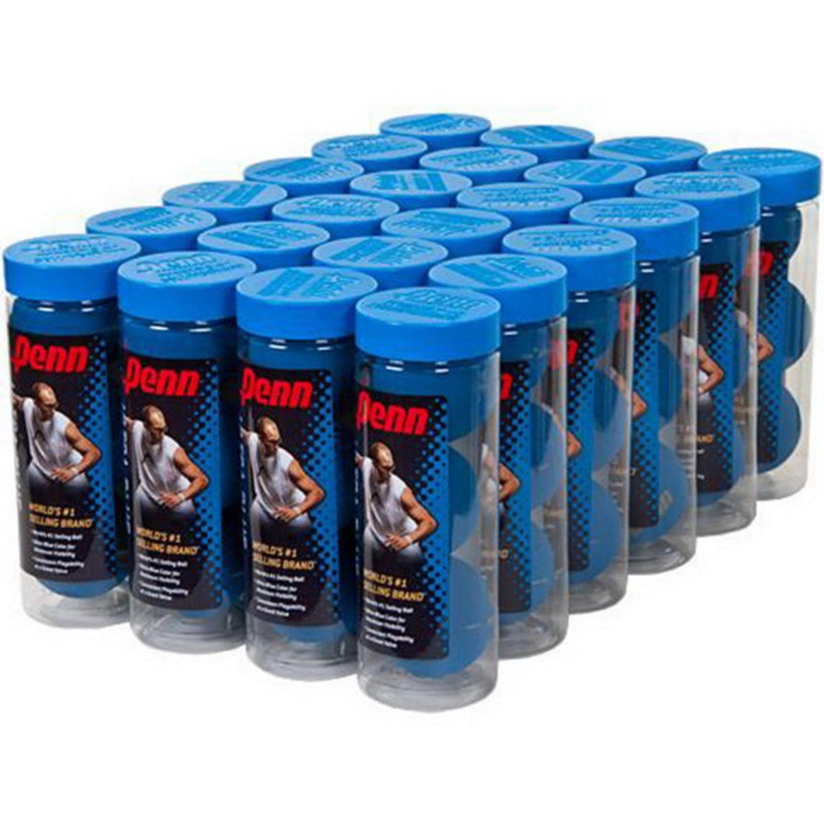 Case of Penn Ultra Blue racquetballs in multiple cans arranged together.
