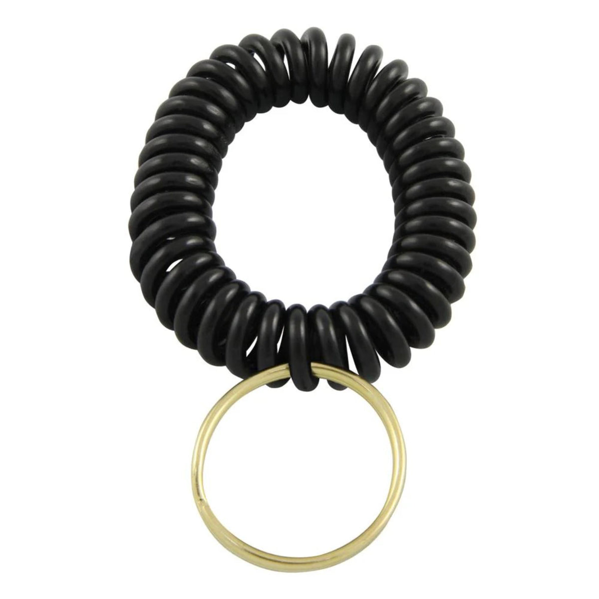 Coiled wrist lanyard with stretchable design and attached key ring for securing small items like whistles or keys.