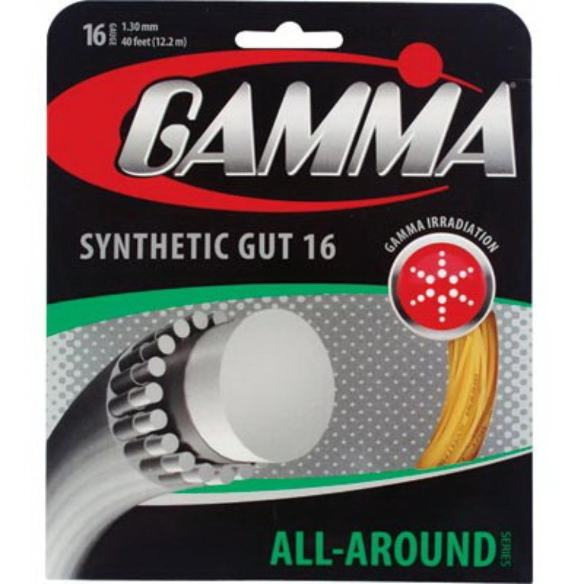 Tennis racket synthetic gut string reel in retail packaging, designed for all-around performance and consistent playability.