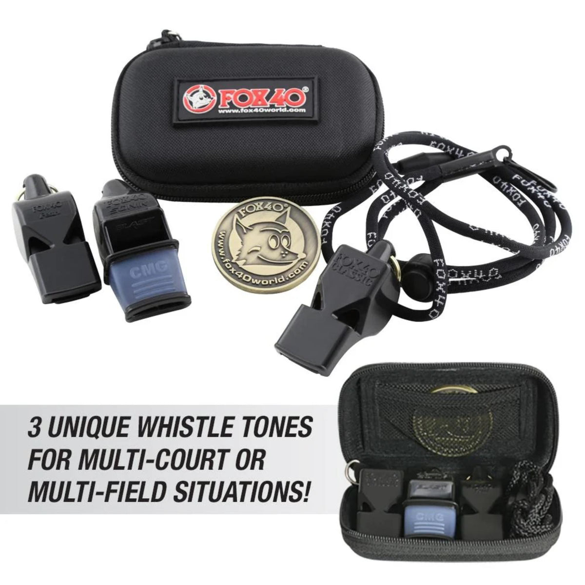 Set of three whistles with lanyard, storage case, and accessories designed for use in sports, coaching, or safety situations.