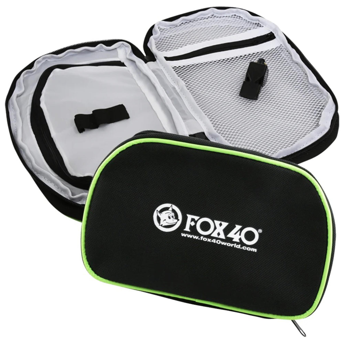 Zippered sport pouch with interior compartments and mesh pockets, designed to store and organize small accessories, includes a whistle.
