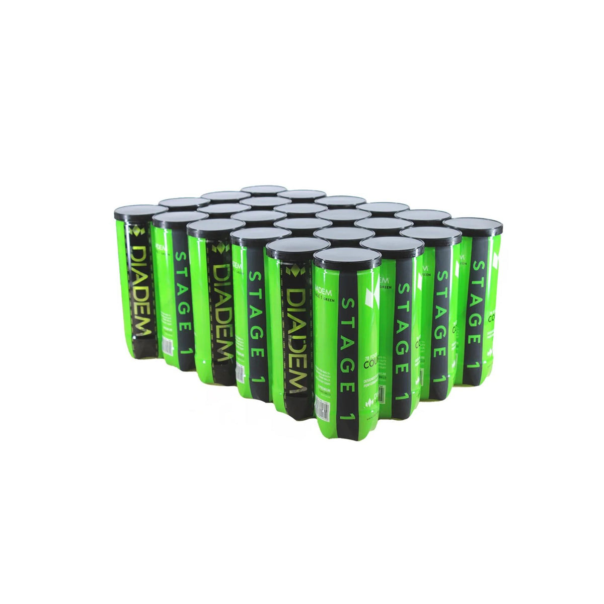 Case of Diadem Stage 1 green dot tennis balls in multiple cans arranged together for training and beginner play.