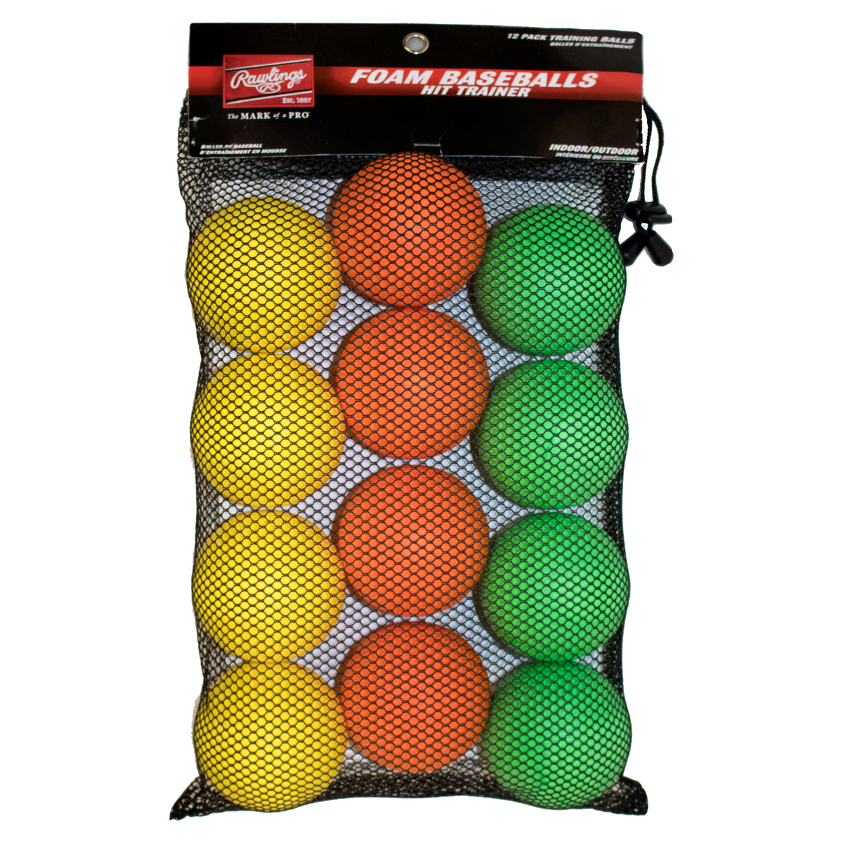 Rawlings foam baseball hit trainer balls in assorted colors packaged in a mesh bag, designed for indoor and outdoor practice to improve hitting skills and hand-eye coordination. ⚾