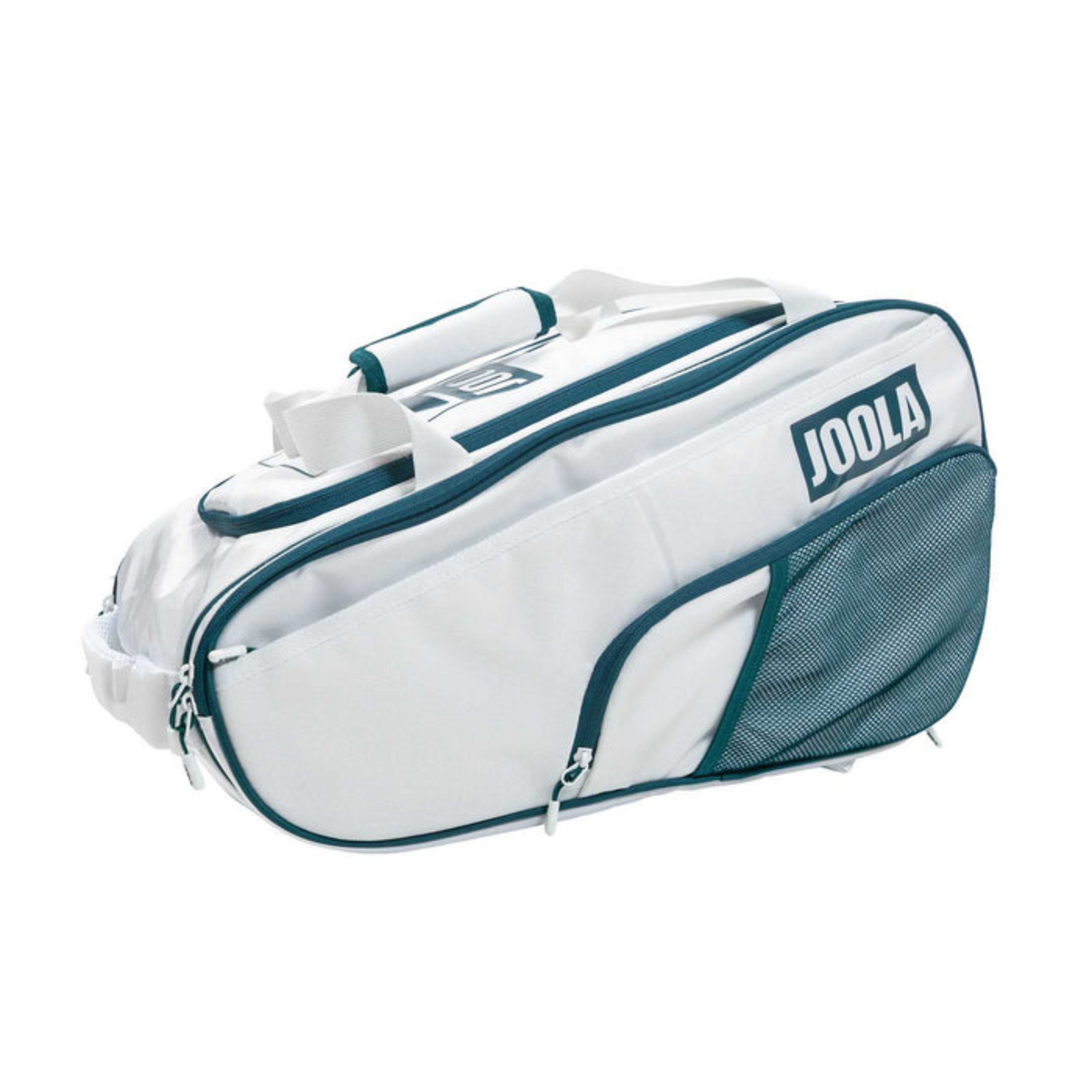 White and teal Joola tennis bag on a white background
