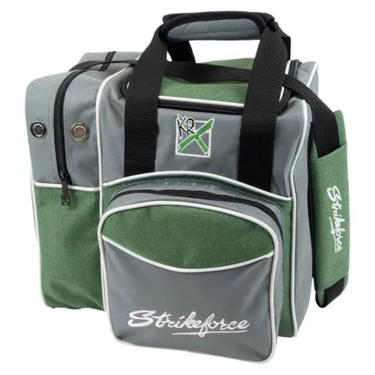 Green and gray bowling bag with 'Strikeforce' branding on a white background