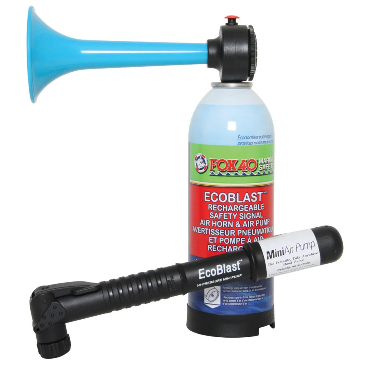 Rechargeable air horn with attached canister and handheld pump, designed for loud safety signaling in marine or outdoor environments.