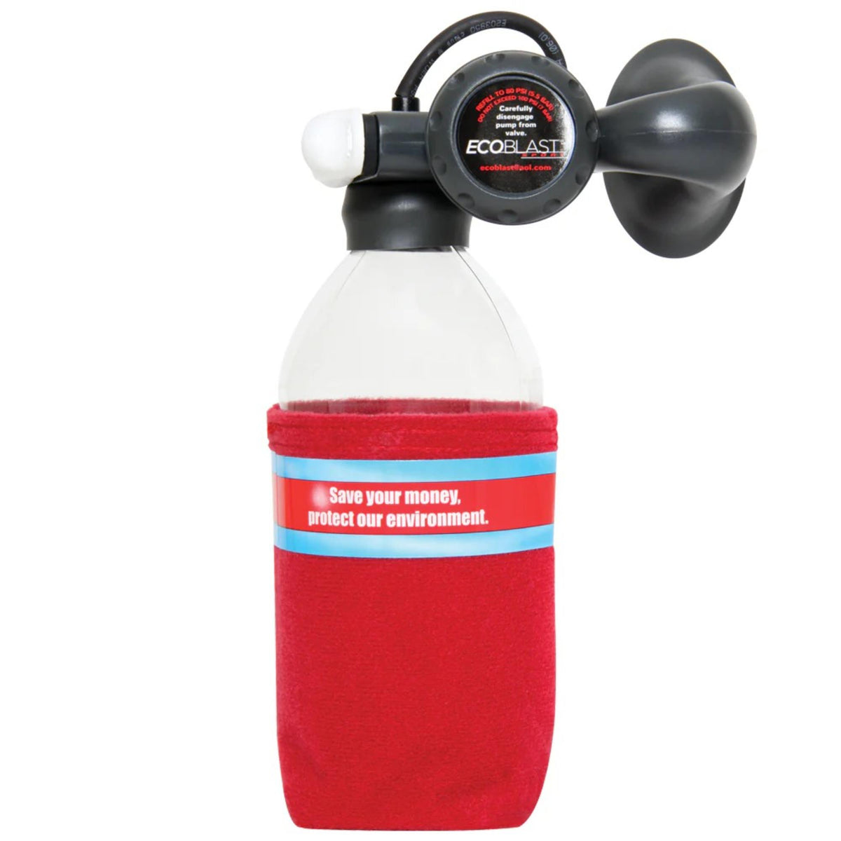 Compact rechargeable air horn with protective sleeve and handheld design, suitable for loud signaling during sporting events or outdoor safety use.