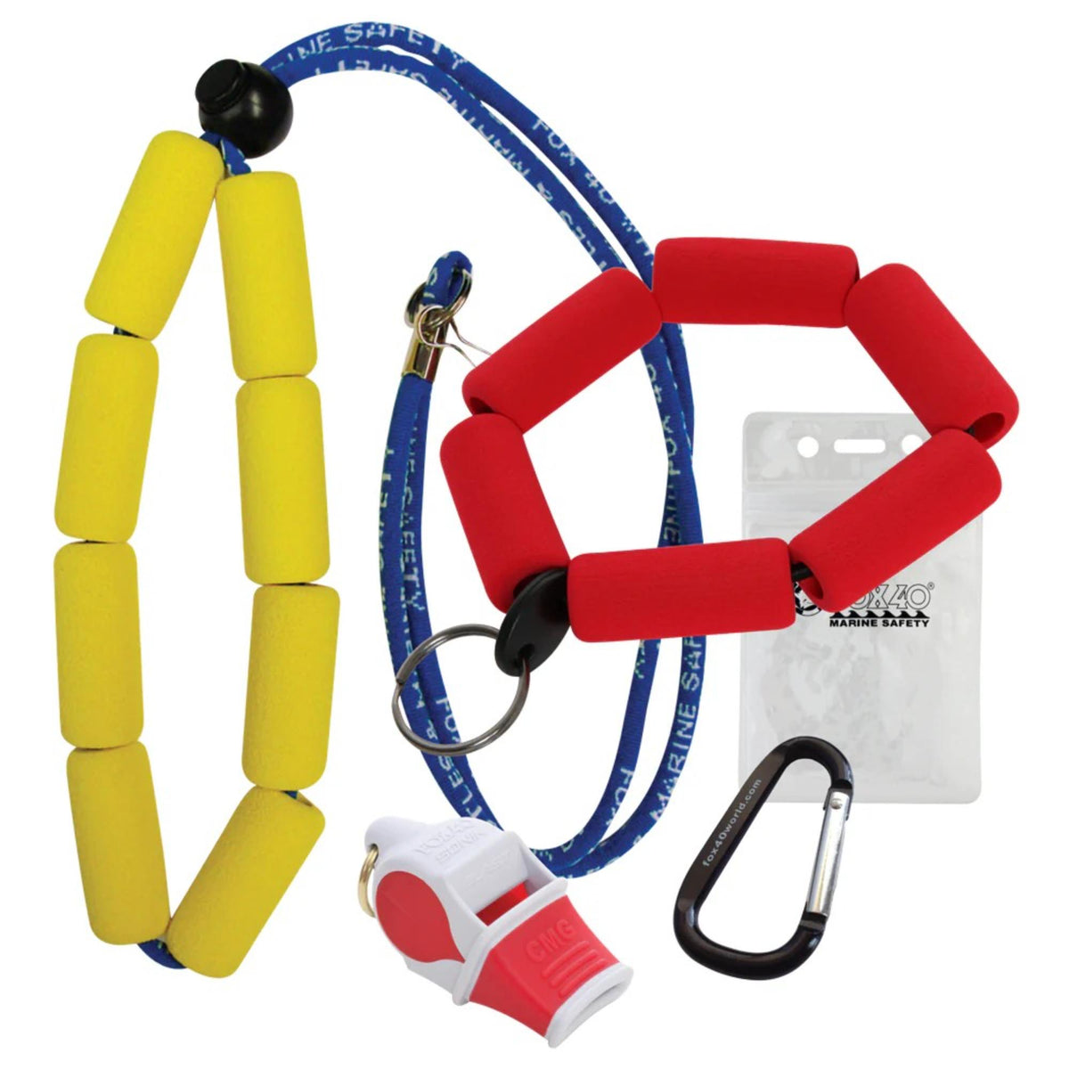 Marine safety kit with floating foam lanyards, whistle, clip, and attachment accessories designed to keep small items secure and afloat in water.