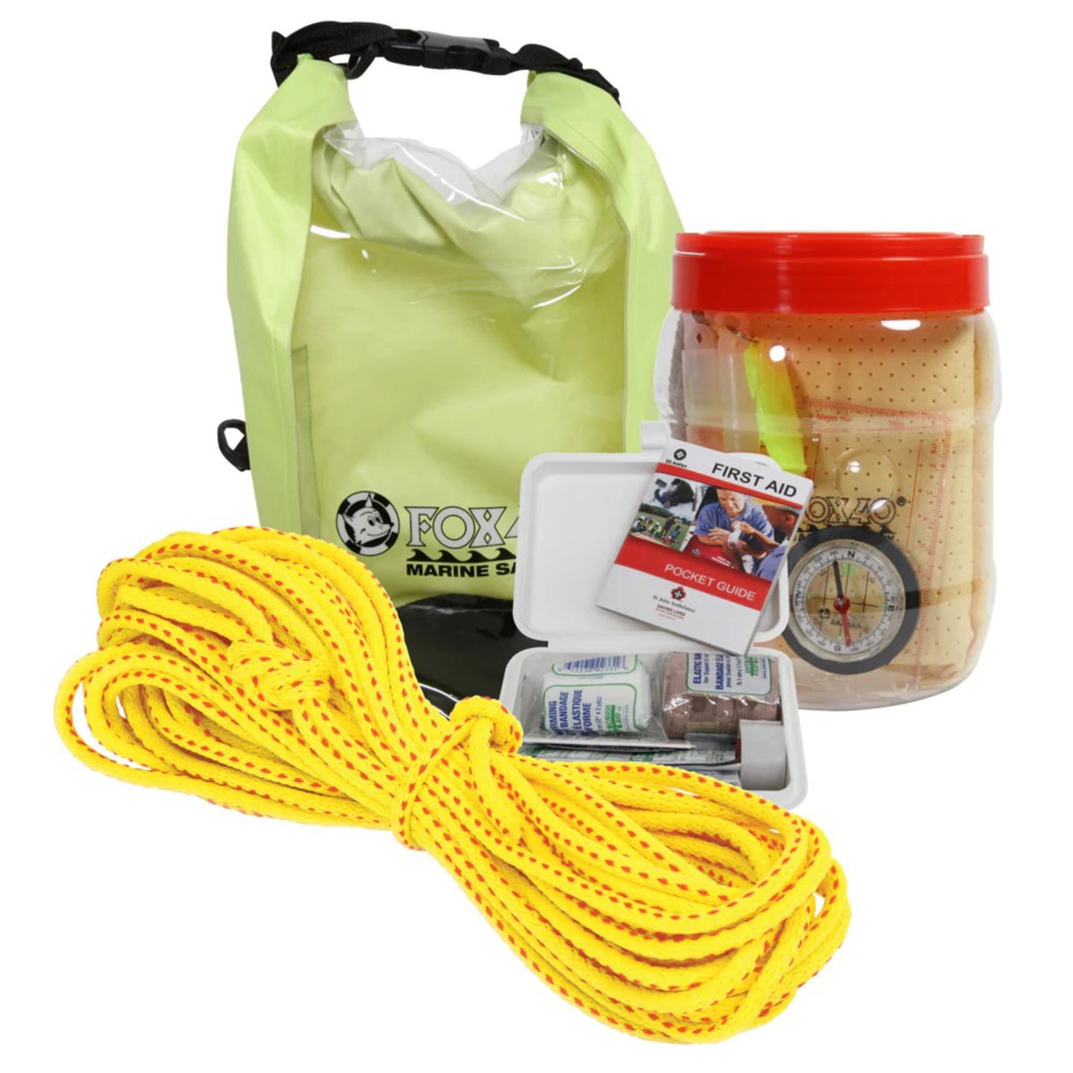 Paddling safety kit including a waterproof dry bag, floating rope, first aid supplies, compass, and emergency gear for outdoor water activities.