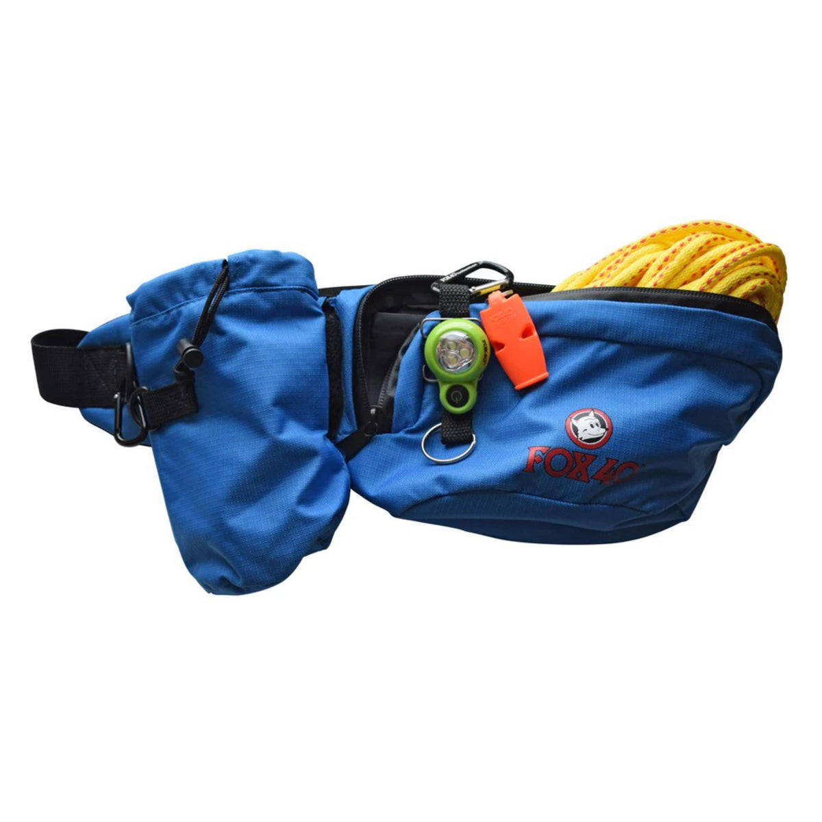Wearable safety kit pouch with multiple compartments containing rope, whistle, and emergency accessories for water and outdoor use.