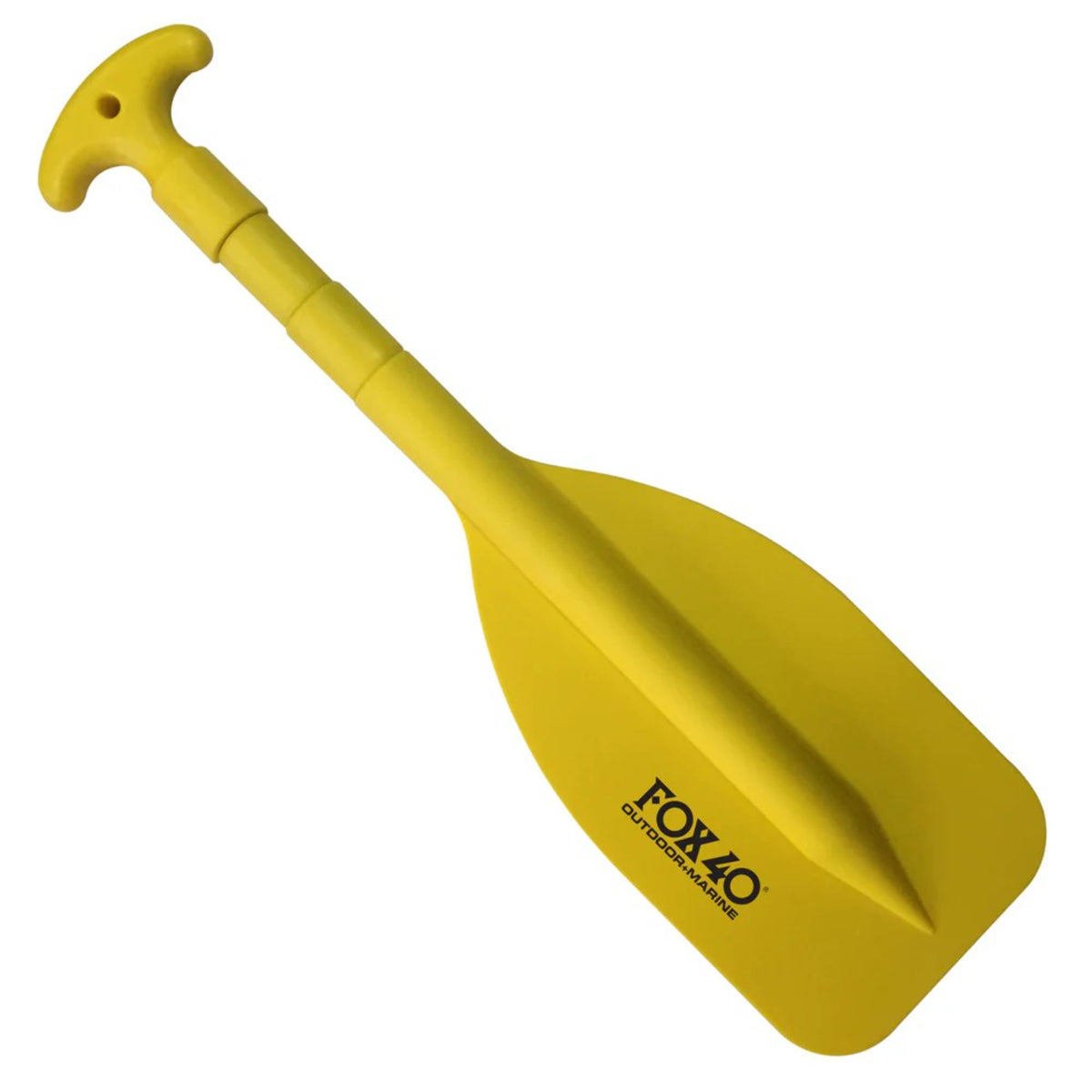 Compact telescopic paddle with extendable handle and wide blade designed for emergency or portable water use.