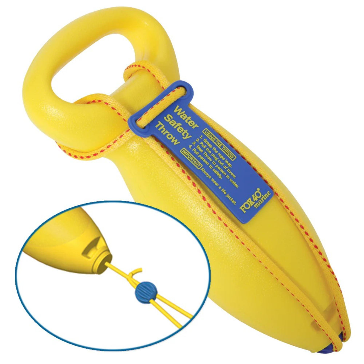 Floating water safety throw device with integrated rope and handle, designed for rescue and emergency assistance in aquatic environments.