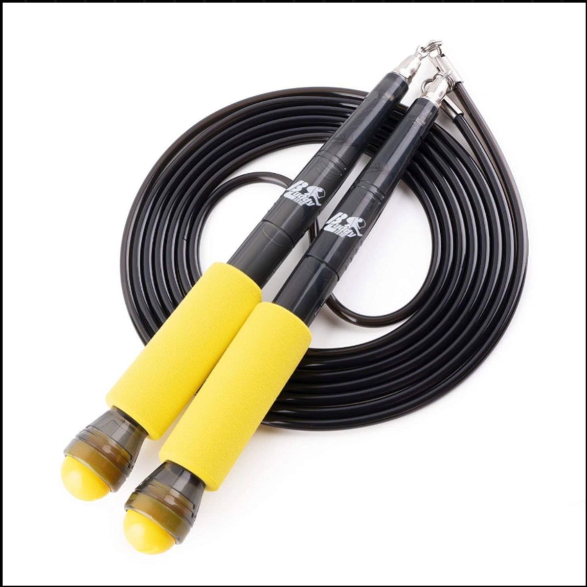 Coiled jump rope with yellow handles on a white background
