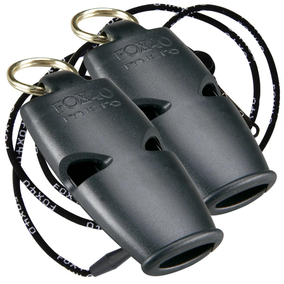 Two compact safety whistles with attached key rings and breakaway lanyards, designed for portable and reliable signaling.