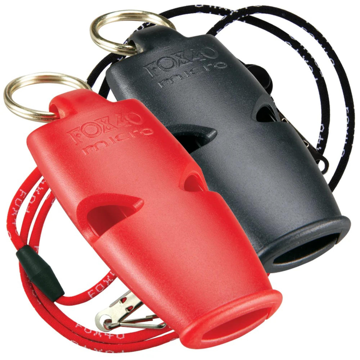 Two compact safety whistles with key rings and attached breakaway lanyards, designed for easy carrying and reliable signaling.